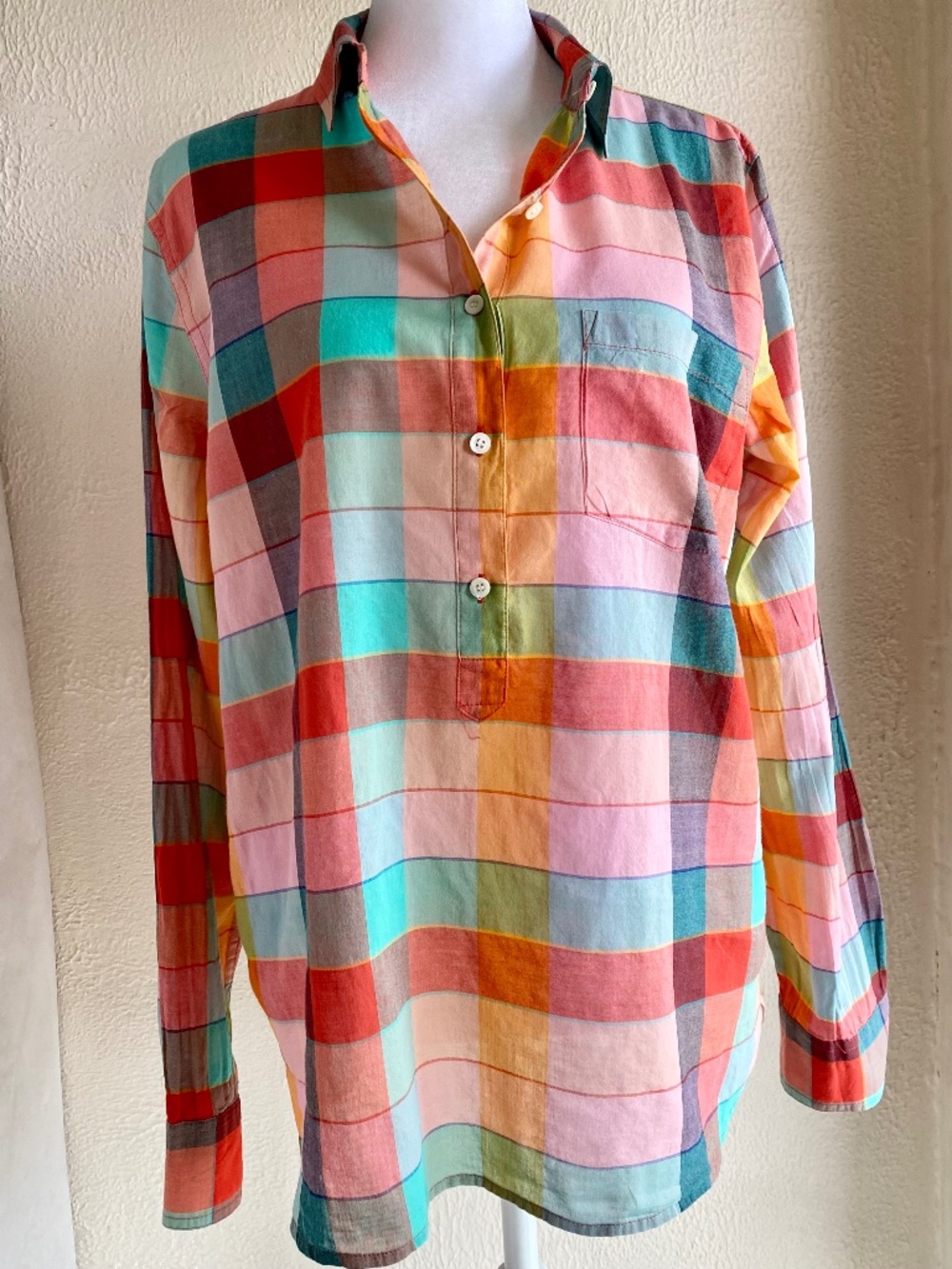 J. Crew cotton madras plaid popover in pink, aqua, red & yellow Size 8